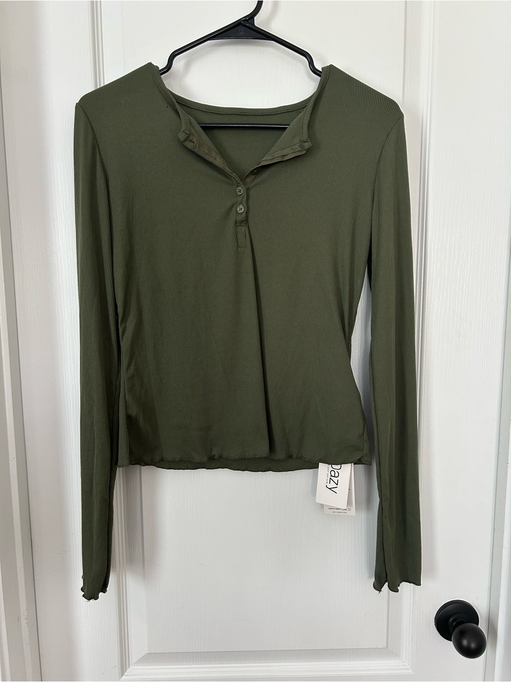 Ribbed Henley Long Sleeve Top in Olive